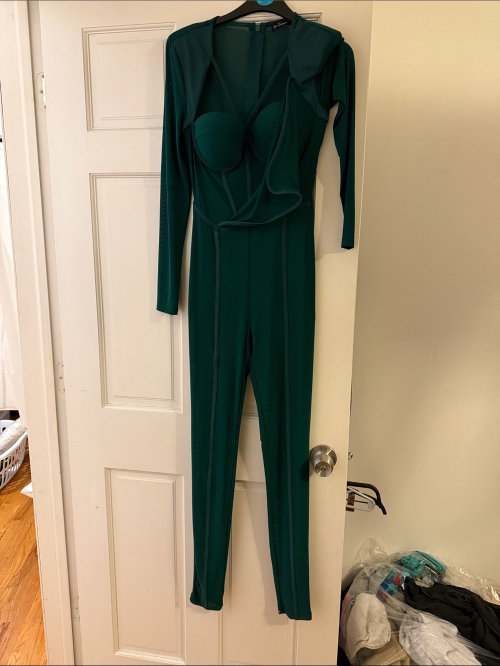 Emerald Green Long-Sleeve Fitted Jumpsuit